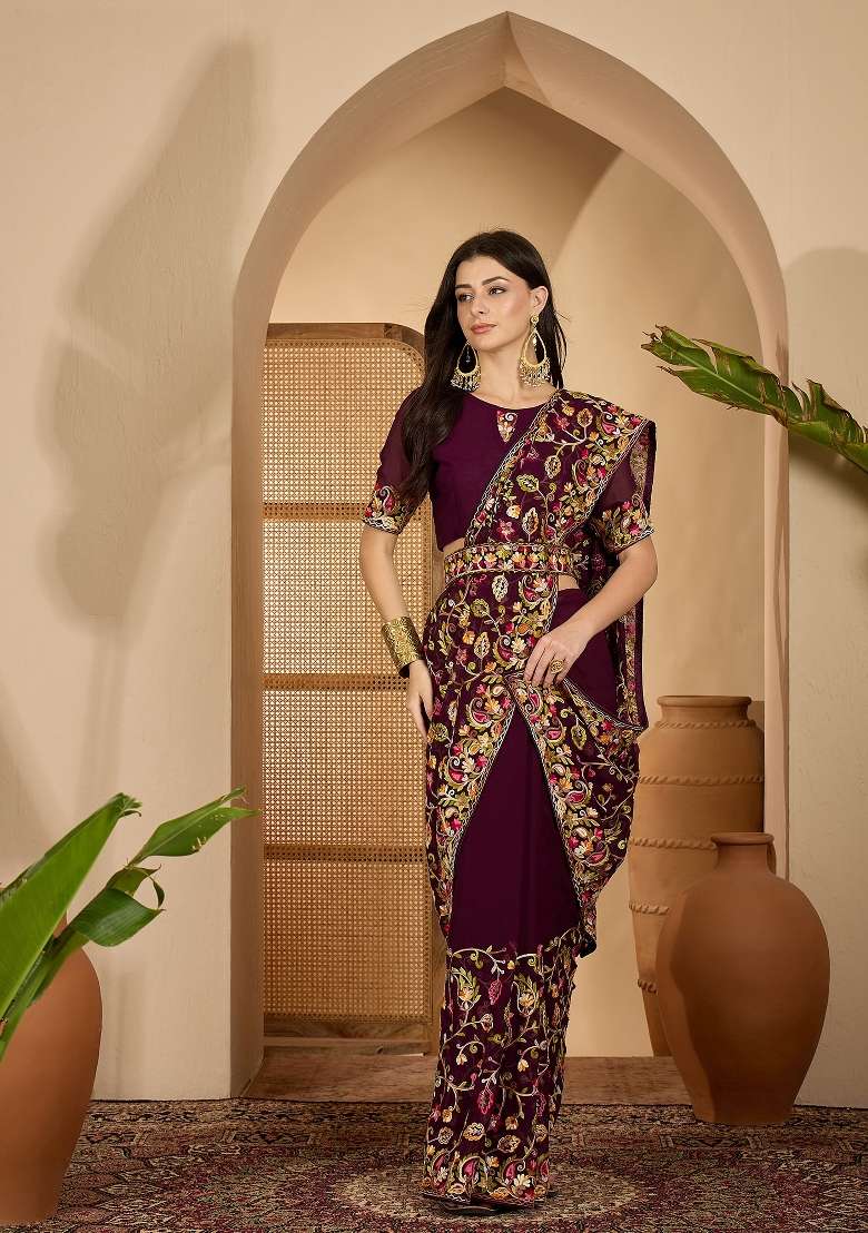 Wine Embroidered Georgette Saree Set for Diwali and Festive Wear - Indya