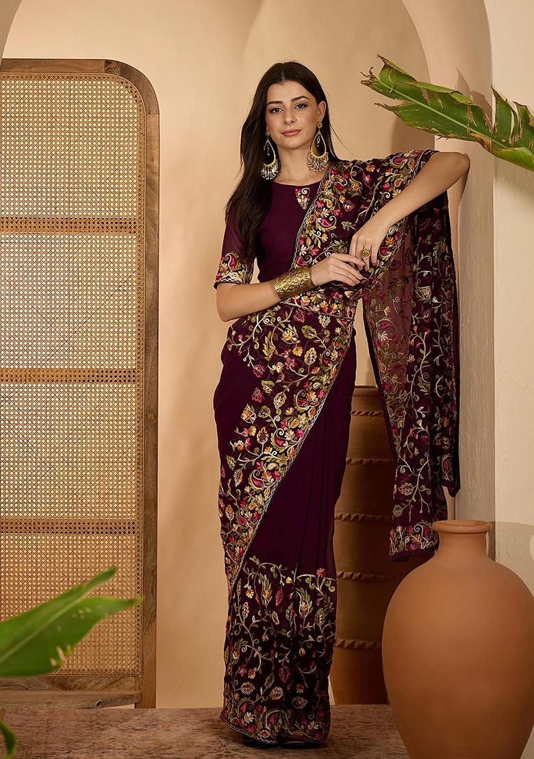 Wine Embroidered Georgette Saree Set - Indya