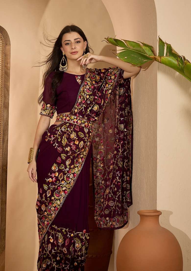 Wine Embroidered Georgette Saree Set for Diwali and Festive Wear - Indya
