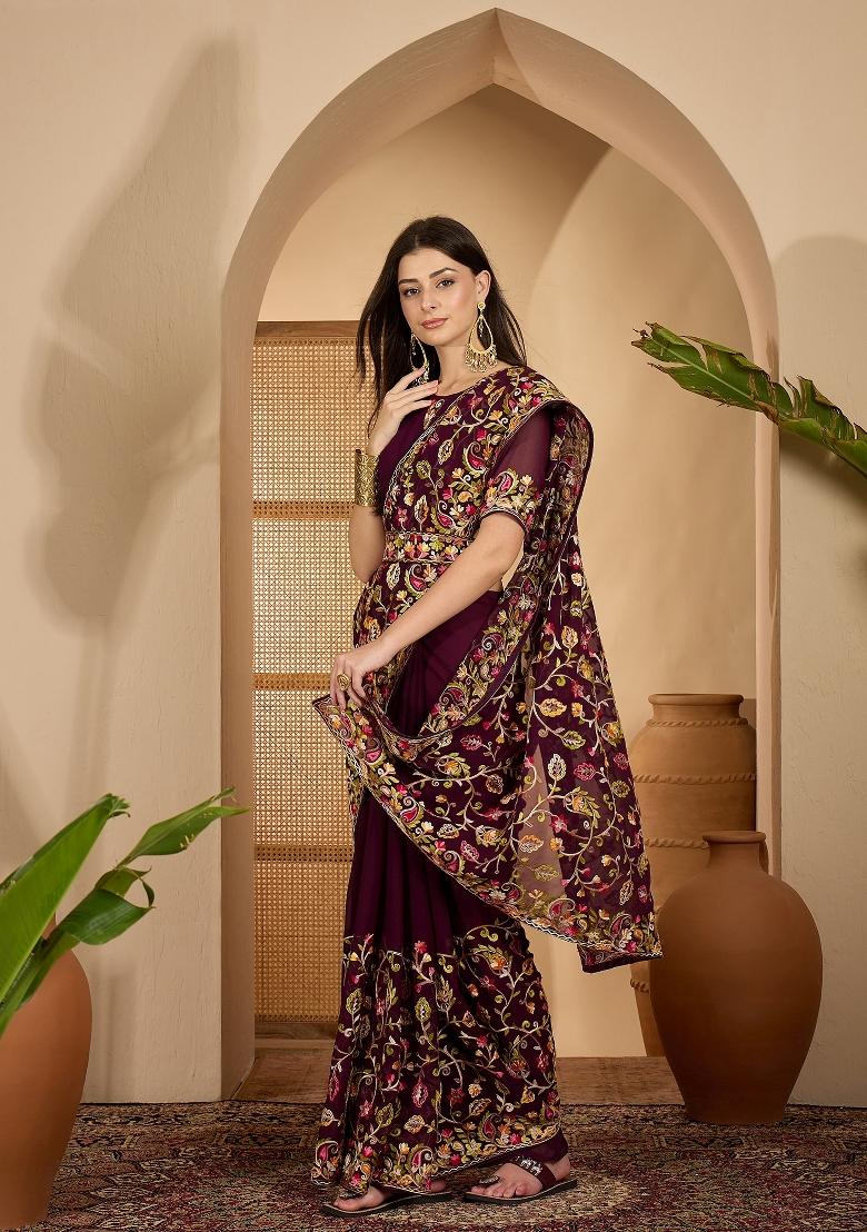 Wine Embroidered Georgette Saree Set - Indya