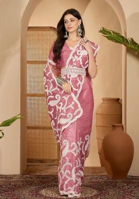 Pink Embroidered Crunchy Saree Set