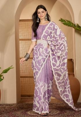 Lavender Embroidered Crunchy Saree Set