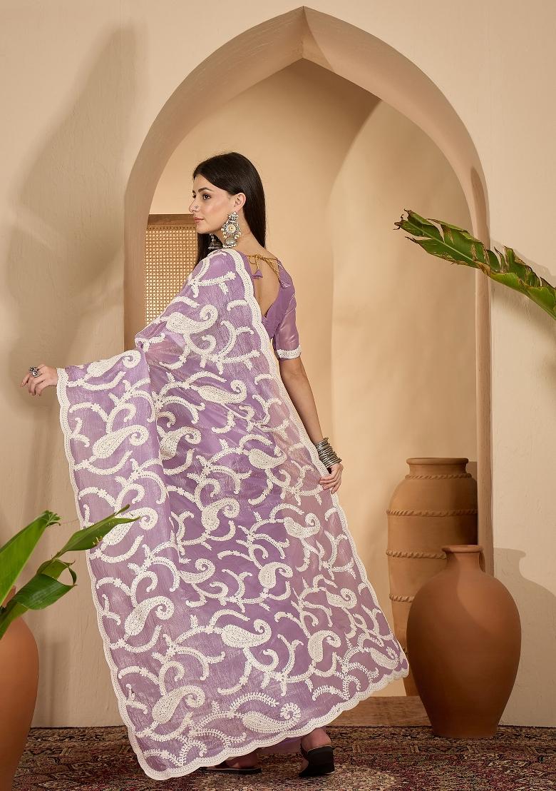 Lavender Embroidered Crunchy Saree Set - Indya