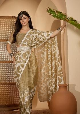Beige Embroidered Crunchy Saree Set