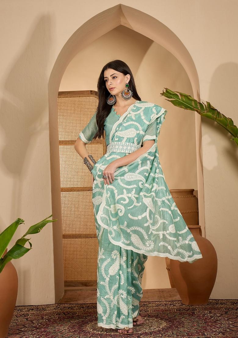 Green Embroidered Crunchy Saree Set - Indya