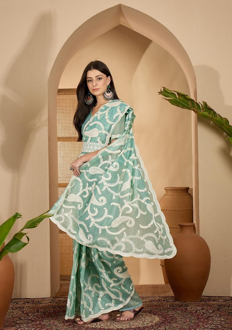 Green Embroidered Crunchy Saree Set - Indya