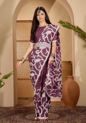 Purple Embroidered Crunchy Saree Set