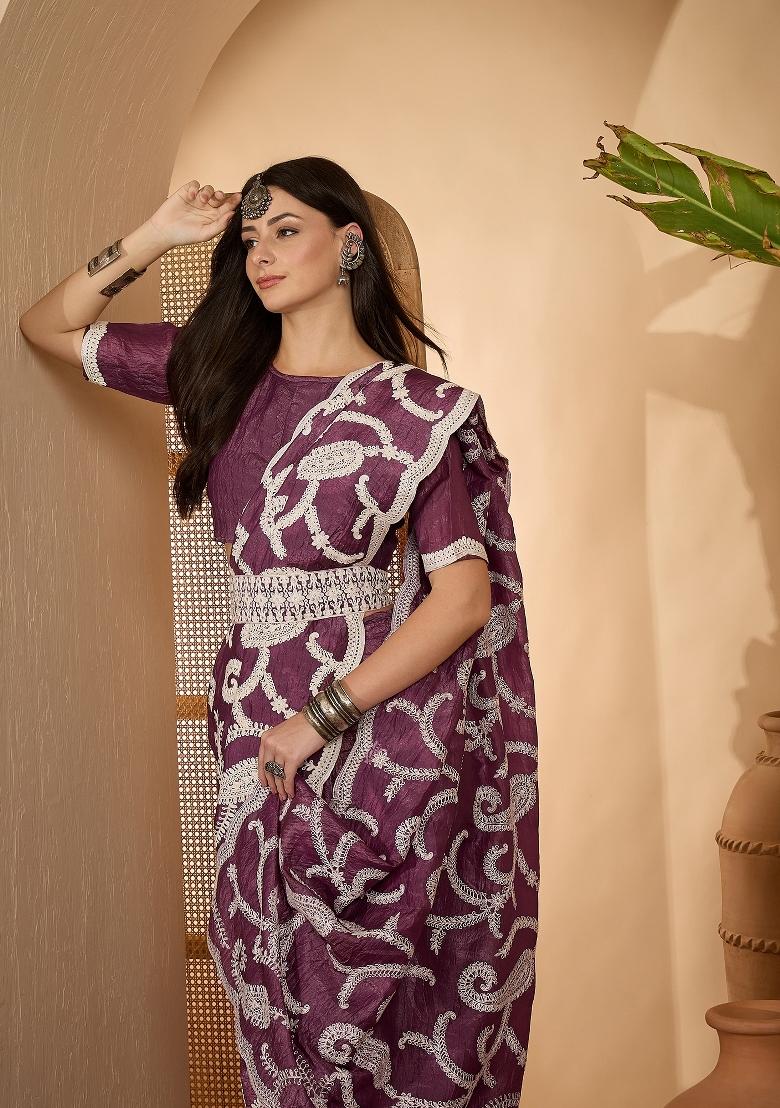 Purple Embroidered Crunchy Saree Set - Indya