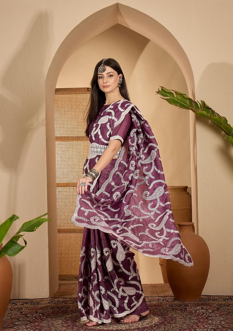 Purple Embroidered Crunchy Saree Set - Indya