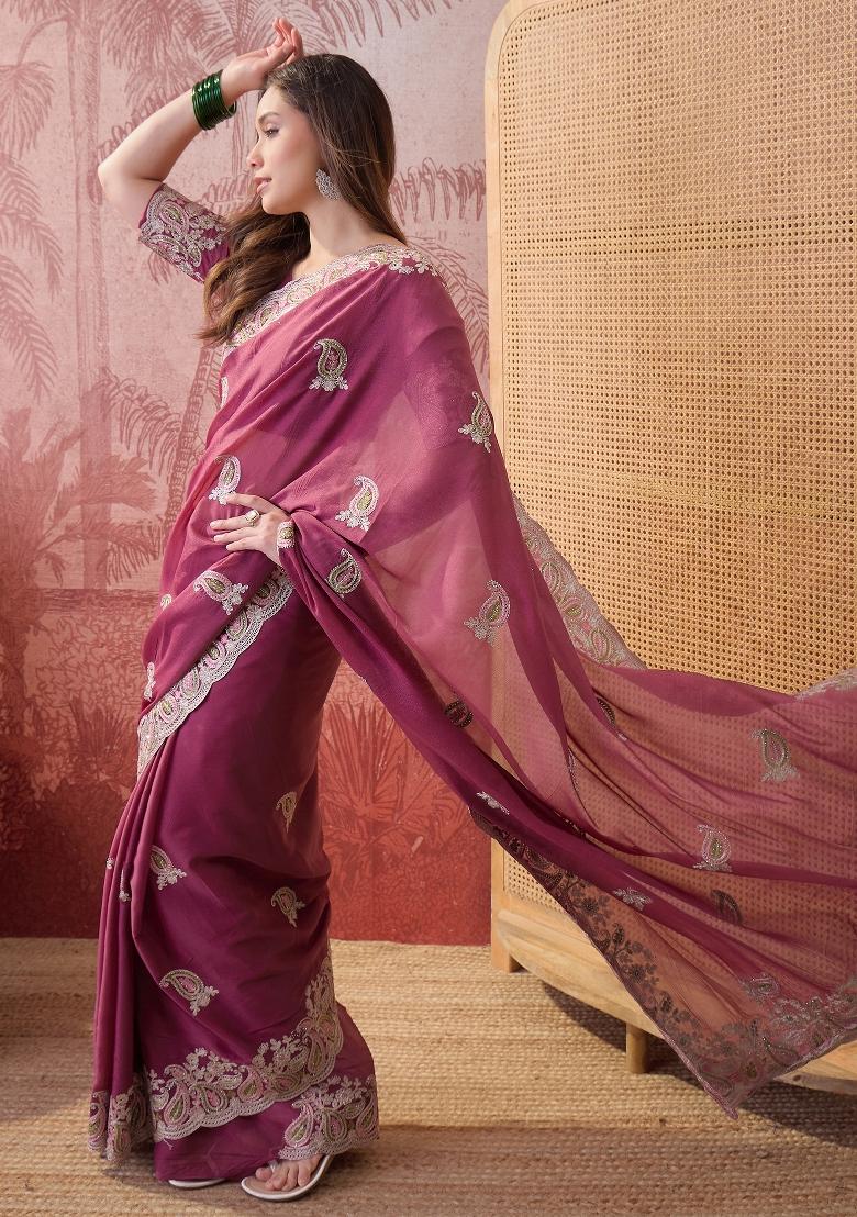 Pink Embroidered Silk Saree Set - Indya