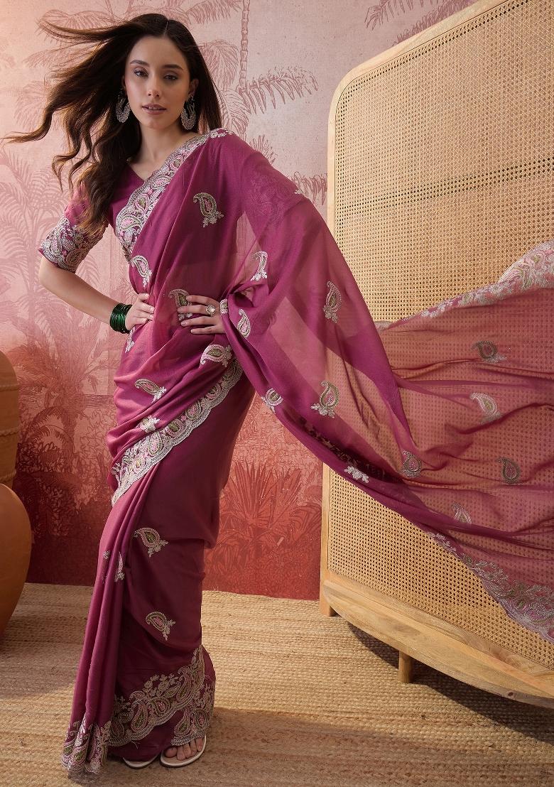 Pink Embroidered Silk Saree Set - Indya