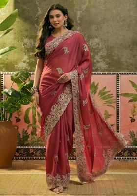 Peach Embroidered Silk Saree Set