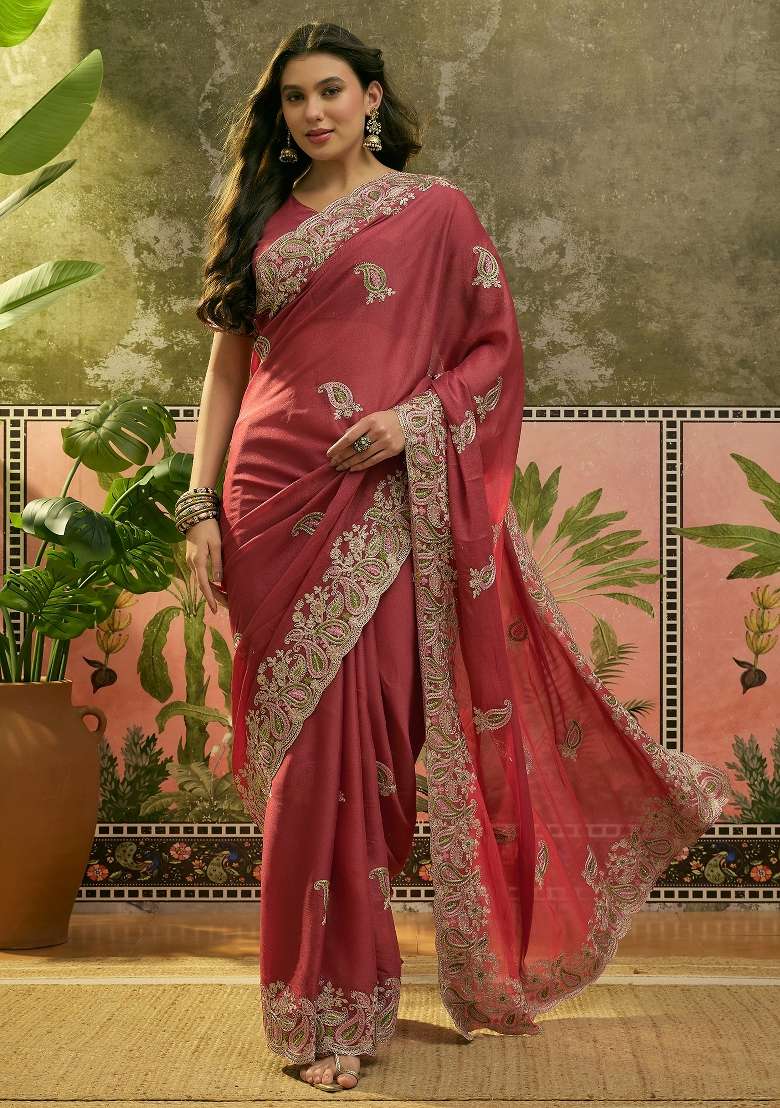 Peach Silk Saree Set with Embroidered for Diwali | Wedding & Festive Wear - Indya
