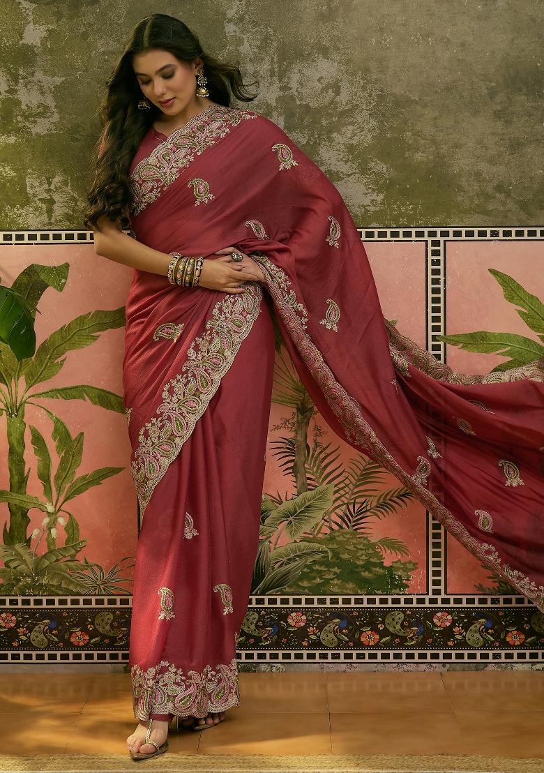 Peach Embroidered Silk Saree Set - Indya