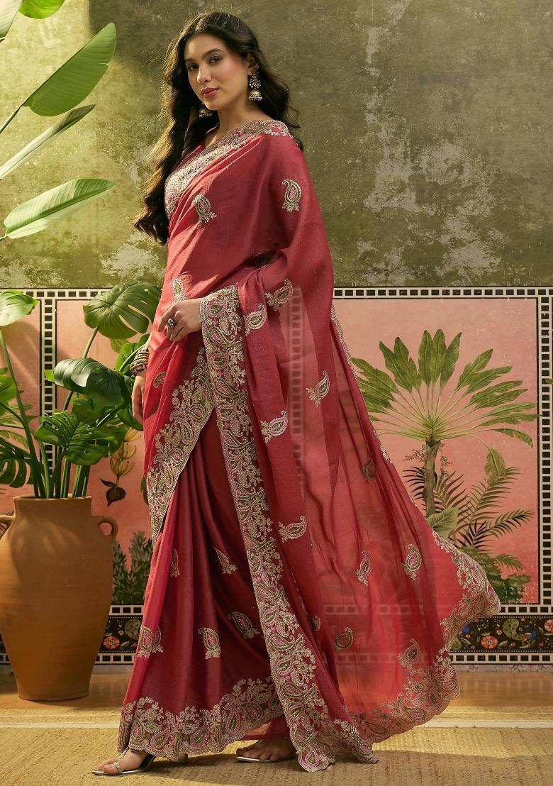 Peach Embroidered Silk Saree Set - Indya
