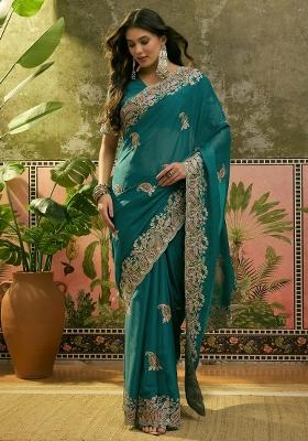 Teal Embroidered Silk Saree Set