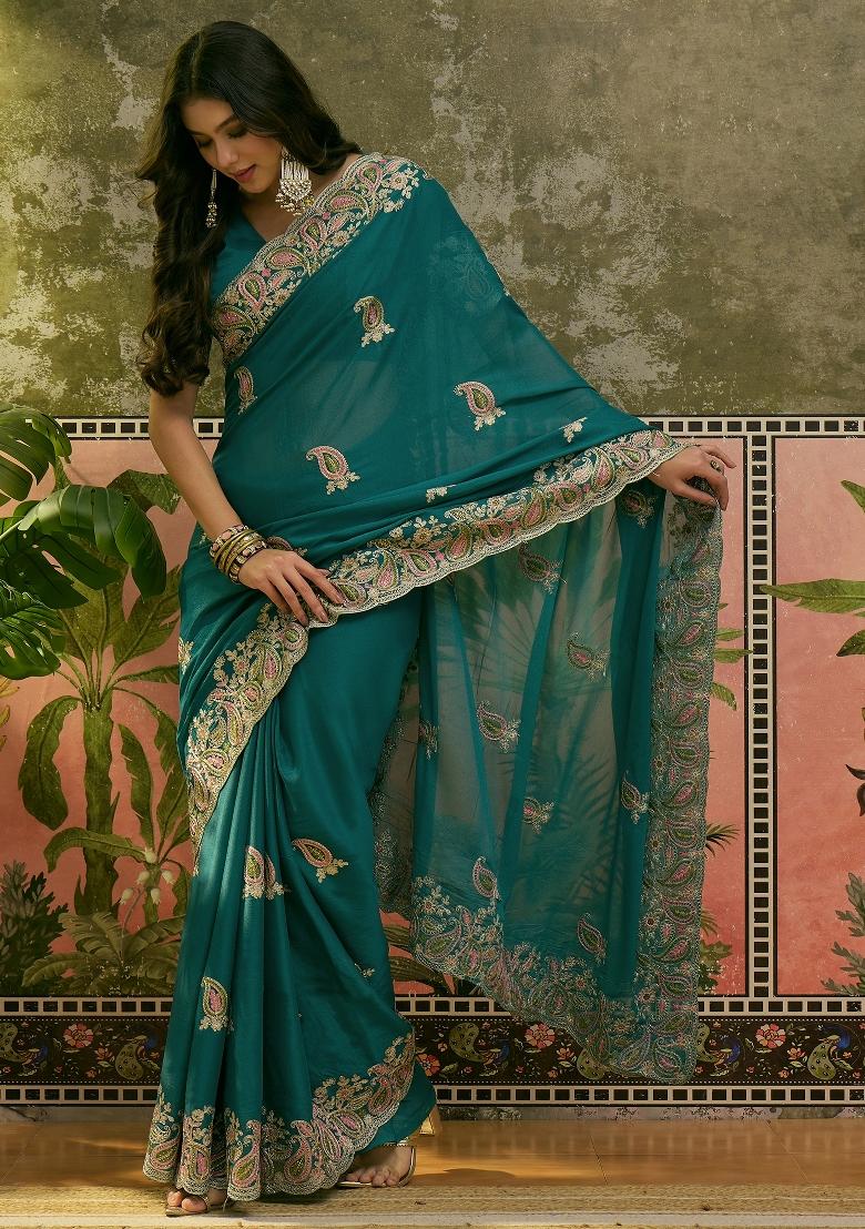 Teal Embroidered Silk Saree Set - Indya