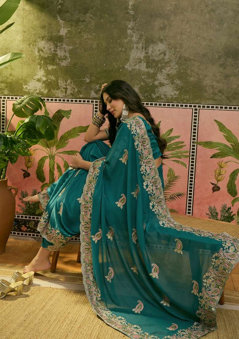Teal Silk Saree Set with Embroidered for Diwali | Wedding & Festive Wear - Indya