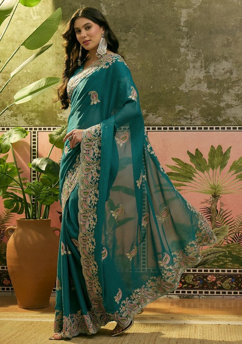 Teal Embroidered Silk Saree Set - Indya