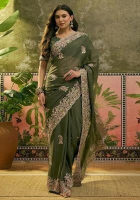 Olive Green Embroidered Silk Saree Set