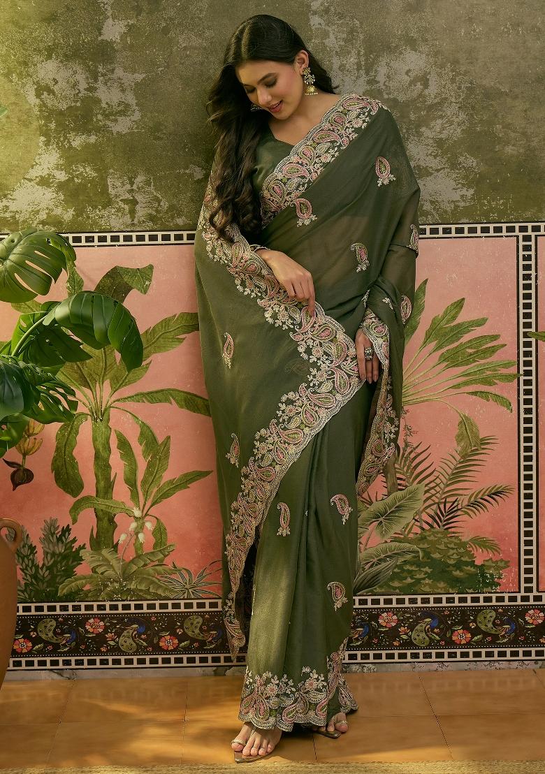Olive Green Embroidered Silk Saree Set - Indya