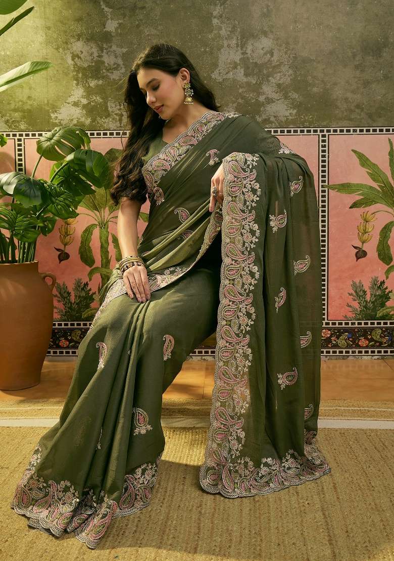 Olive Green Embroidered Silk Saree Set for Diwali and Festive Wear - Indya