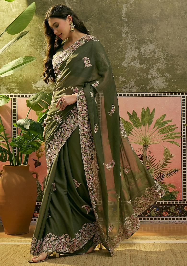 Olive Green Embroidered Silk Saree Set - Indya