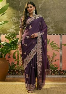 Purple Embroidered Silk Saree Set