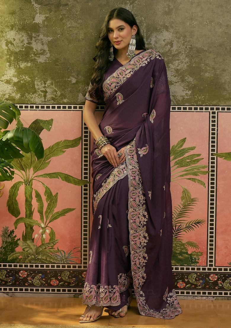 Purple Embroidered Silk Saree Set - Indya