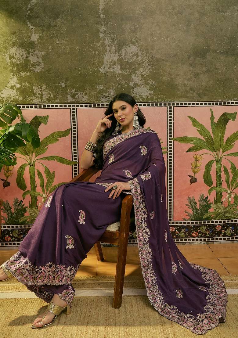Purple Silk Saree Set with Embroidered for Diwali | Wedding & Festive Wear - Indya