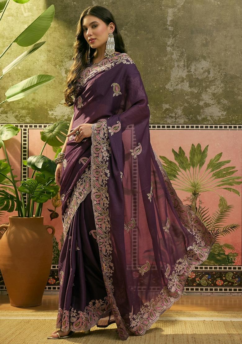 Purple Embroidered Silk Saree Set - Indya
