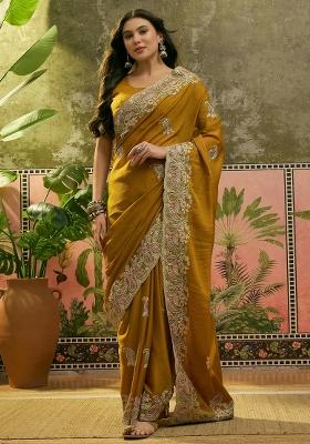 Mustard Embroidered Silk Saree Set