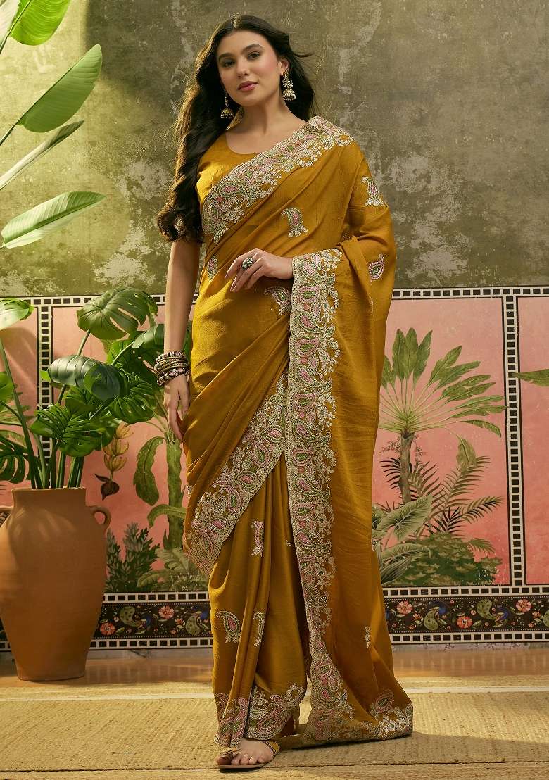 Mustard Embroidered Silk Saree Set for Diwali and Festive Wear - Indya