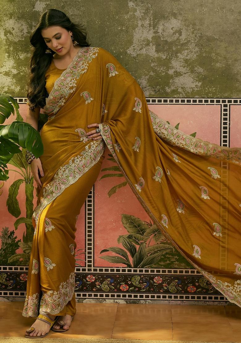 Mustard Embroidered Silk Saree Set - Indya