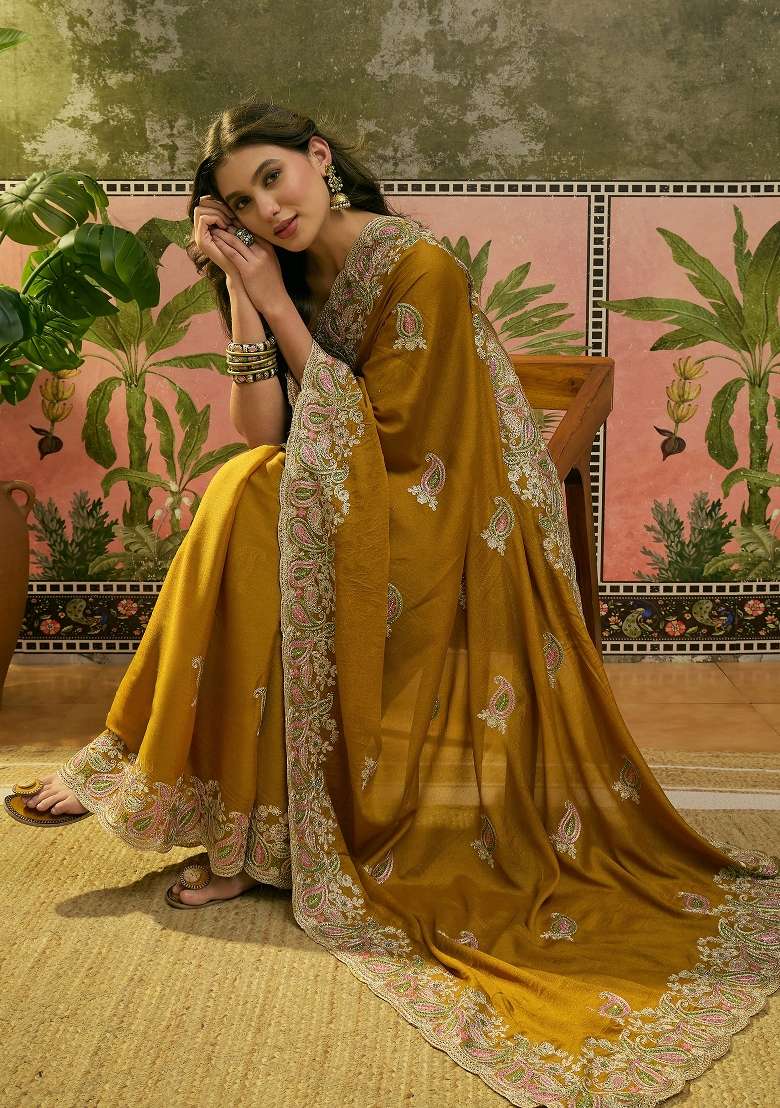 Mustard Embroidered Silk Saree Set for Diwali and Festive Wear - Indya