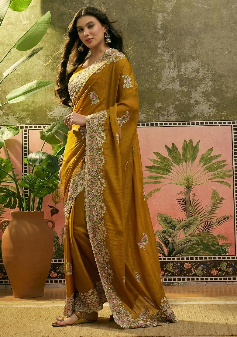 Mustard Embroidered Silk Saree Set - Indya