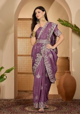 Lavender Embroidered Silk Saree Set