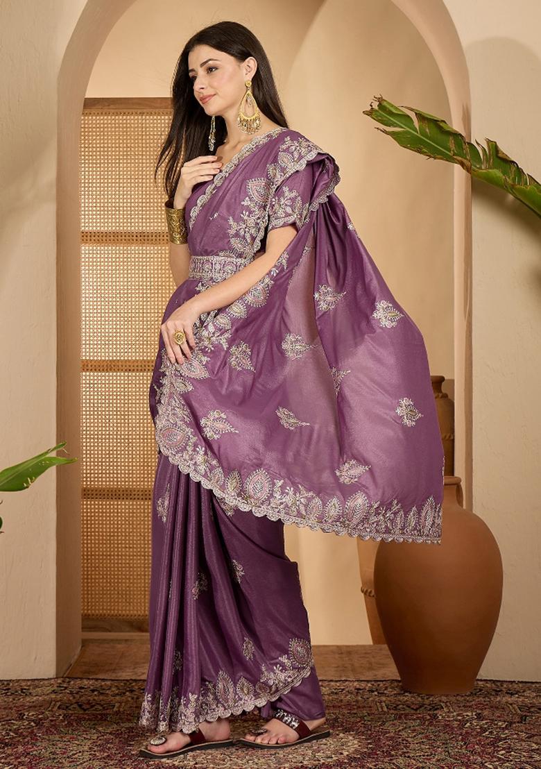Lavender Embroidered Silk Saree Set - Indya