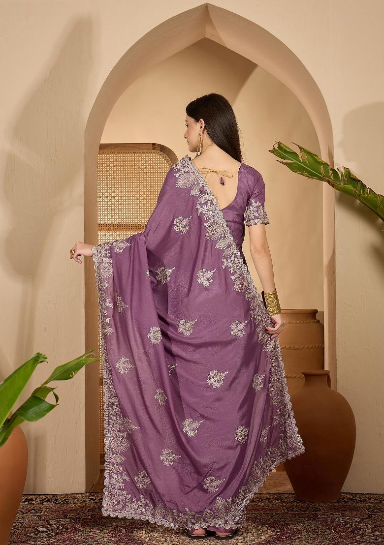 Lavender Embroidered Silk Saree Set - Indya