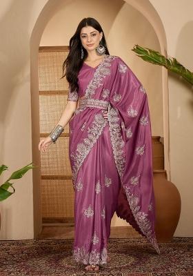 Purple Embroidered Silk Saree Set