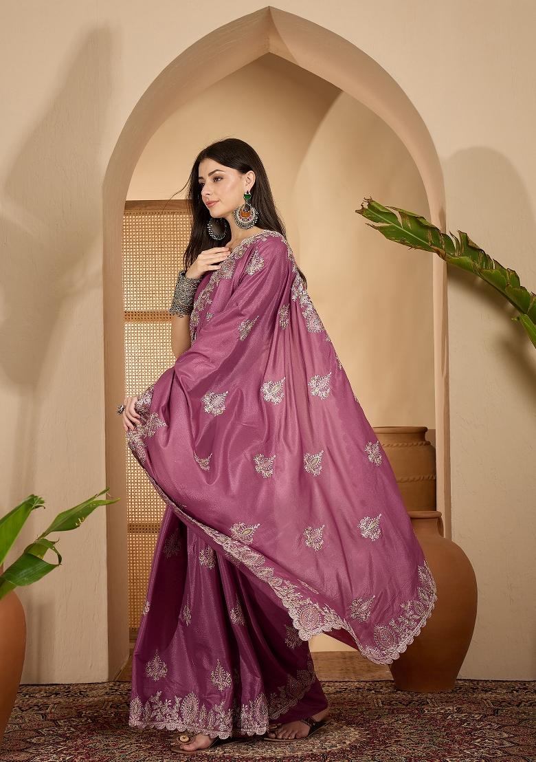 Purple Embroidered Silk Saree Set - Indya