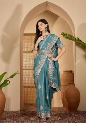 Teal Embroidered Silk Saree Set