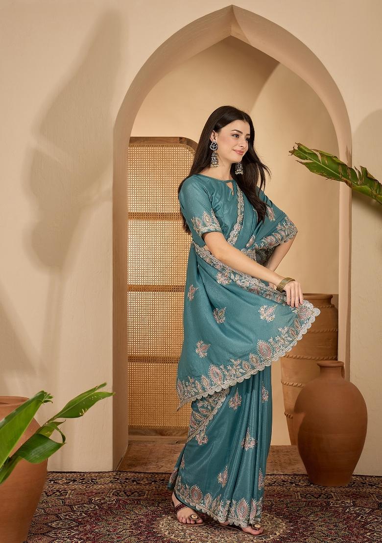 Teal Embroidered Silk Saree Set - Indya