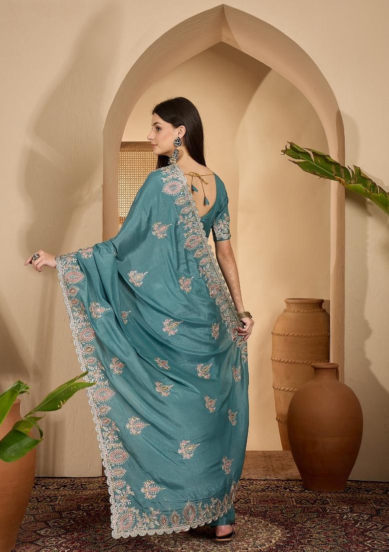 Teal Embroidered Silk Saree Set - Indya
