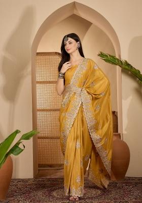 Mustard Embroidered Silk Saree Set