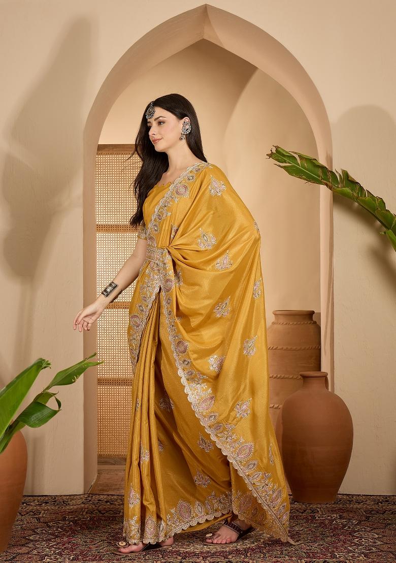 Mustard Embroidered Silk Saree Set - Indya