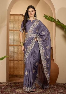 Grey Embroidered Silk Saree Set