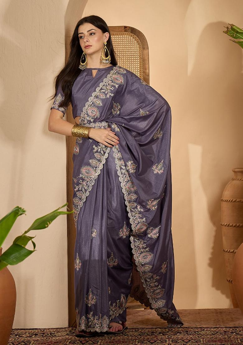 Grey Embroidered Silk Saree Set - Indya