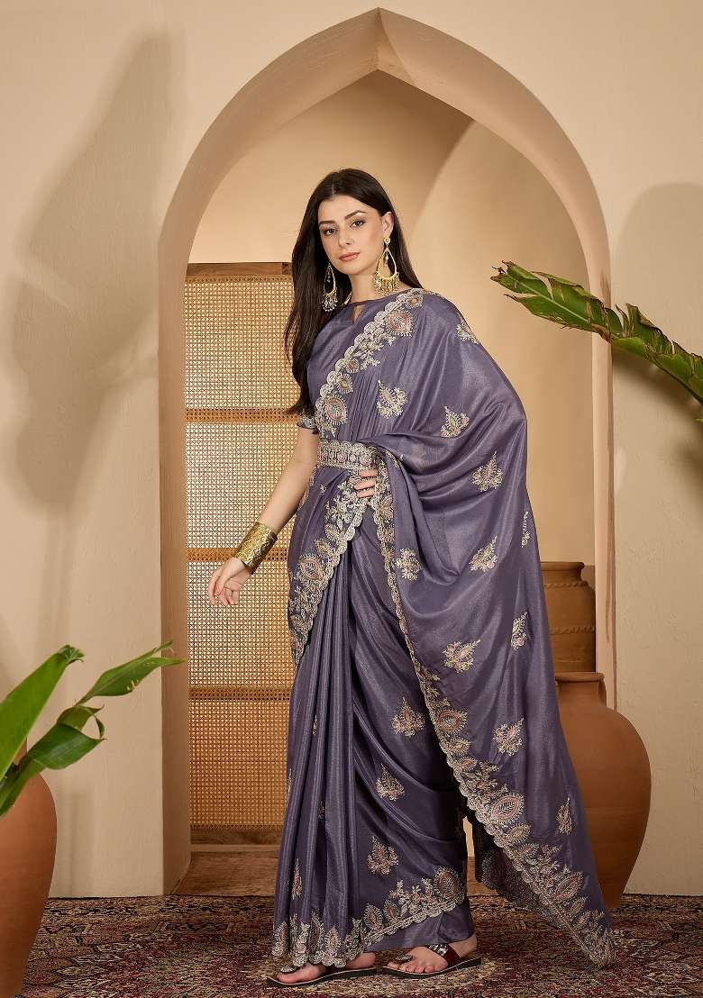 Grey Silk Saree Set with Embroidered for Diwali | Wedding & Festive Wear - Indya