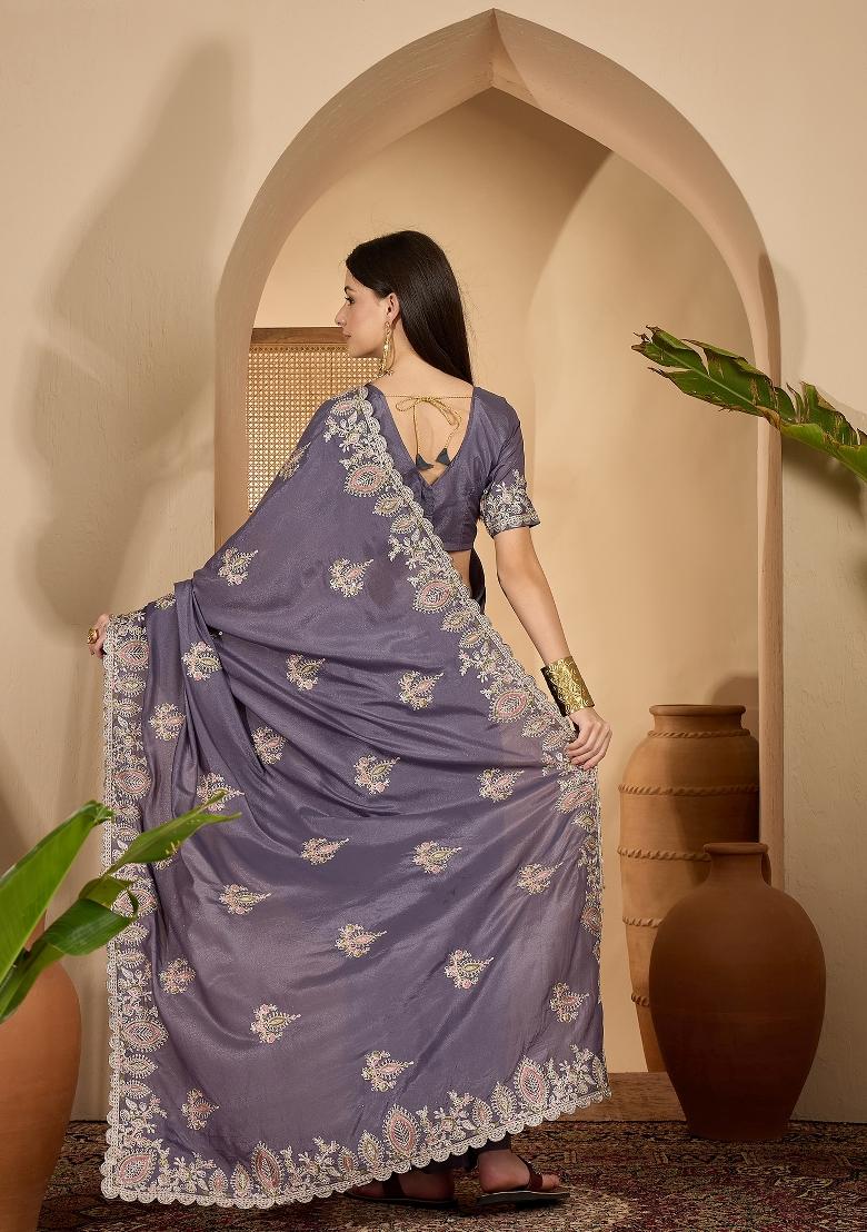 Grey Embroidered Silk Saree Set - Indya